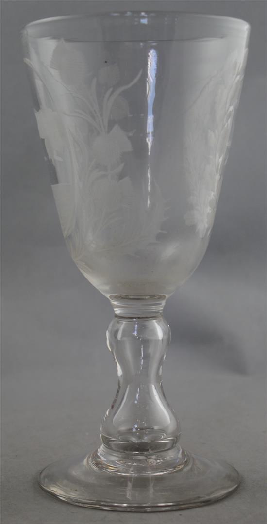 A Jacobite inspired wheel engraved glass goblet, late 19th / early 20th century 23.2cm